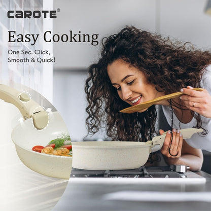 Batterie de cuisine antiadhésive 11 pièces, avec poignée amovible, compatible four, blanc crème