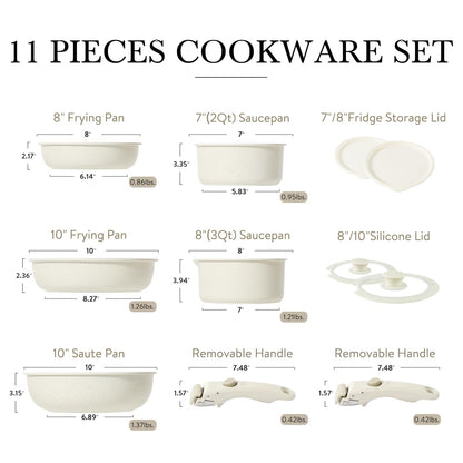 Batterie de cuisine antiadhésive 11 pièces, avec poignée amovible, compatible four, blanc crème