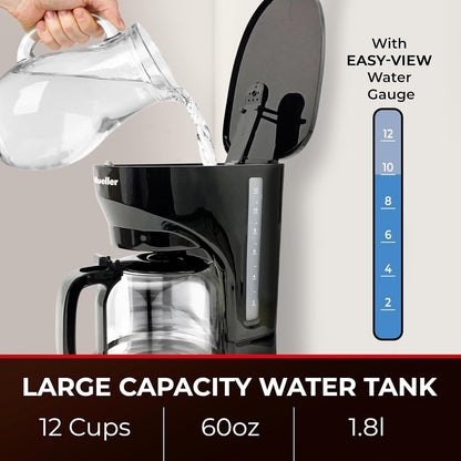 Cafetière filtre 12 tasses avec carafe en borosilicate, arrêt automatique, filtre réutilisable, anti-goutte et maintien au chaud