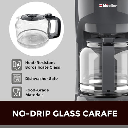 Cafetière filtre grise 12 tasses, carafe en borosilicate, arrêt automatique, filtre réutilisable, fonction maintien au chaud