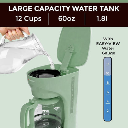 Cafetière filtre verte 12 tasses, carafe en borosilicate, arrêt automatique, filtre réutilisable, conception anti-goutte