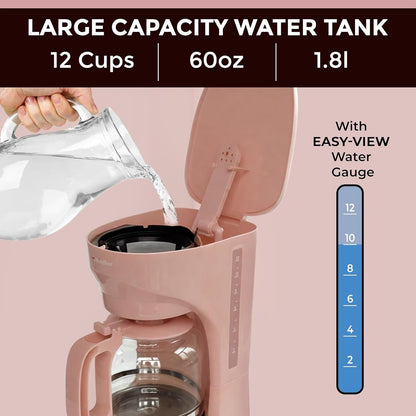 Cafetière rose 12 tasses, carafe en borosilicate, arrêt automatique, filtre réutilisable, fonction maintien au chaud