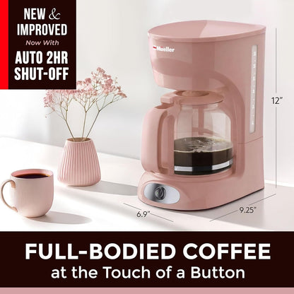 Cafetière rose 12 tasses, carafe en borosilicate, arrêt automatique, filtre réutilisable, fonction maintien au chaud