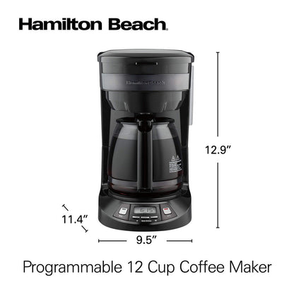 Cafetière goutte à goutte programmable 12 tasses avec 3 options d'infusion, carafe en verre, pause et versement automatiques, acier inoxydable noir (46293)