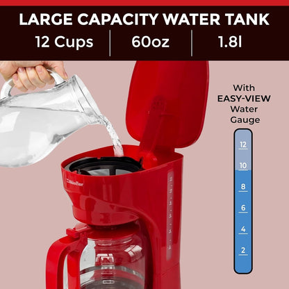 Cafetière rouge 12 tasses avec carafe en borosilicate, arrêt automatique, filtre réutilisable et technologie anti-goutte