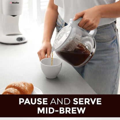 Cafetière blanche 12 tasses avec carafe en borosilicate, arrêt automatique, filtre réutilisable et fenêtre transparente