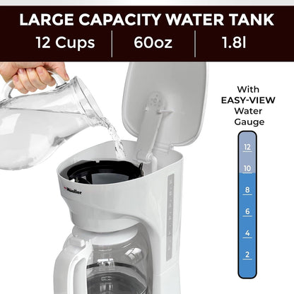 Cafetière blanche 12 tasses avec carafe en borosilicate, arrêt automatique, filtre réutilisable et fenêtre transparente