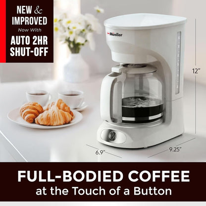 Cafetière blanche 12 tasses avec carafe en borosilicate, arrêt automatique, filtre réutilisable et fenêtre transparente