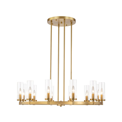 Lustre à 12 lumières en forme de roue de chariot, style moderne du milieu du siècle, en verre transparent, doré/noir, grand modèle