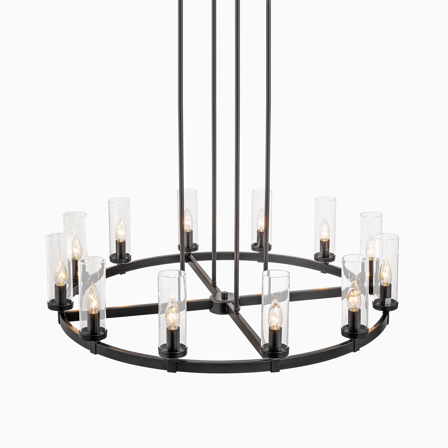 Lustre à 12 lumières en forme de roue de chariot, style moderne du milieu du siècle, en verre transparent, doré/noir, grand modèle