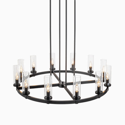 Lustre à 12 lumières en forme de roue de chariot, style moderne du milieu du siècle, en verre transparent, doré/noir, grand modèle