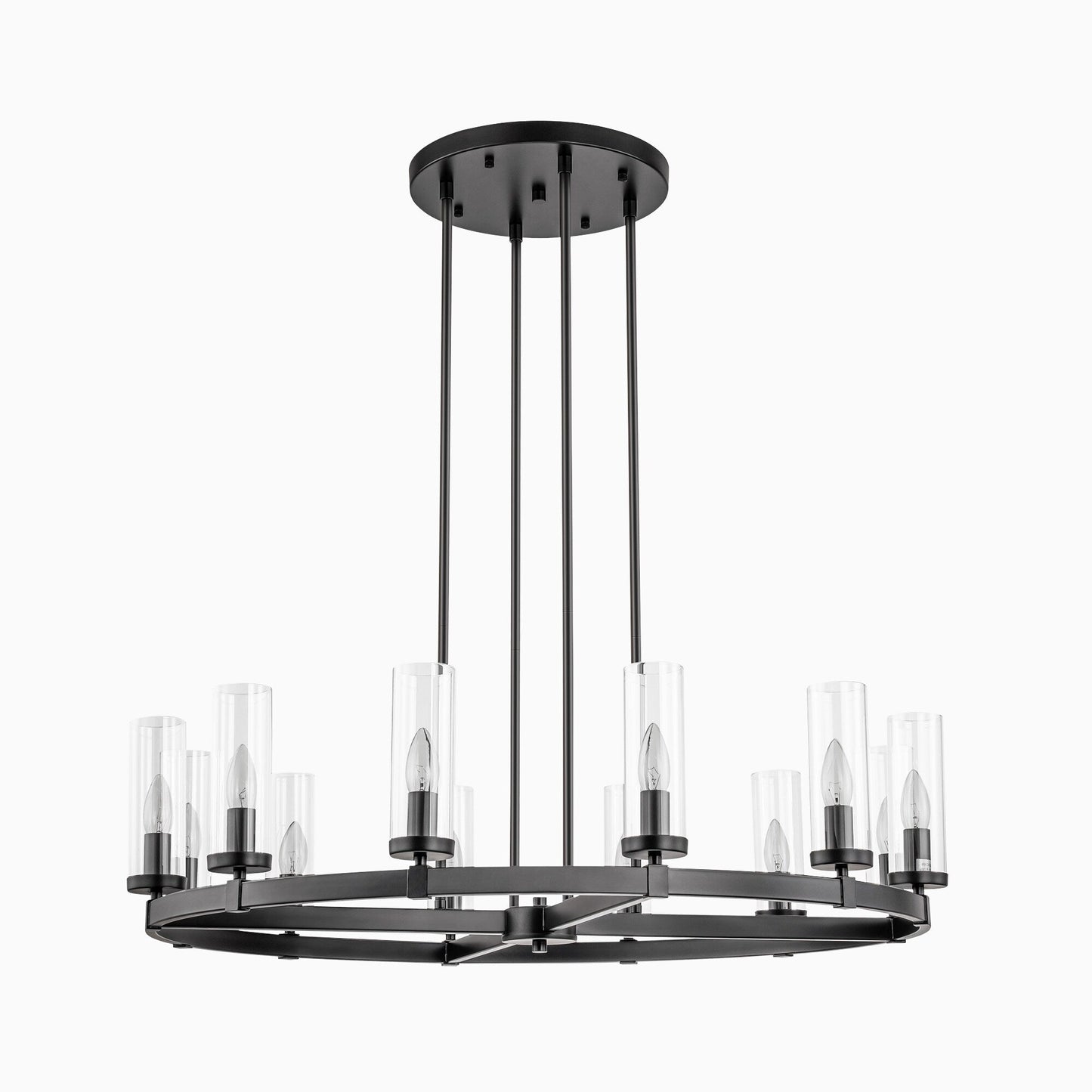 Lustre à 12 lumières en forme de roue de chariot, style moderne du milieu du siècle, en verre transparent, doré/noir, grand modèle