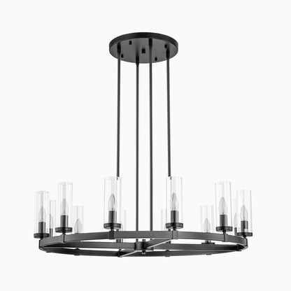 Lustre à 12 lumières en forme de roue de chariot, style moderne du milieu du siècle, en verre transparent, doré/noir, grand modèle
