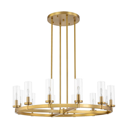 Lustre à 12 lumières en forme de roue de chariot, style moderne du milieu du siècle, en verre transparent, doré/noir, grand modèle