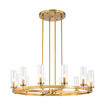 Lustre à 12 lumières en forme de roue de chariot, style moderne du milieu du siècle, en verre transparent, doré/noir, grand modèle