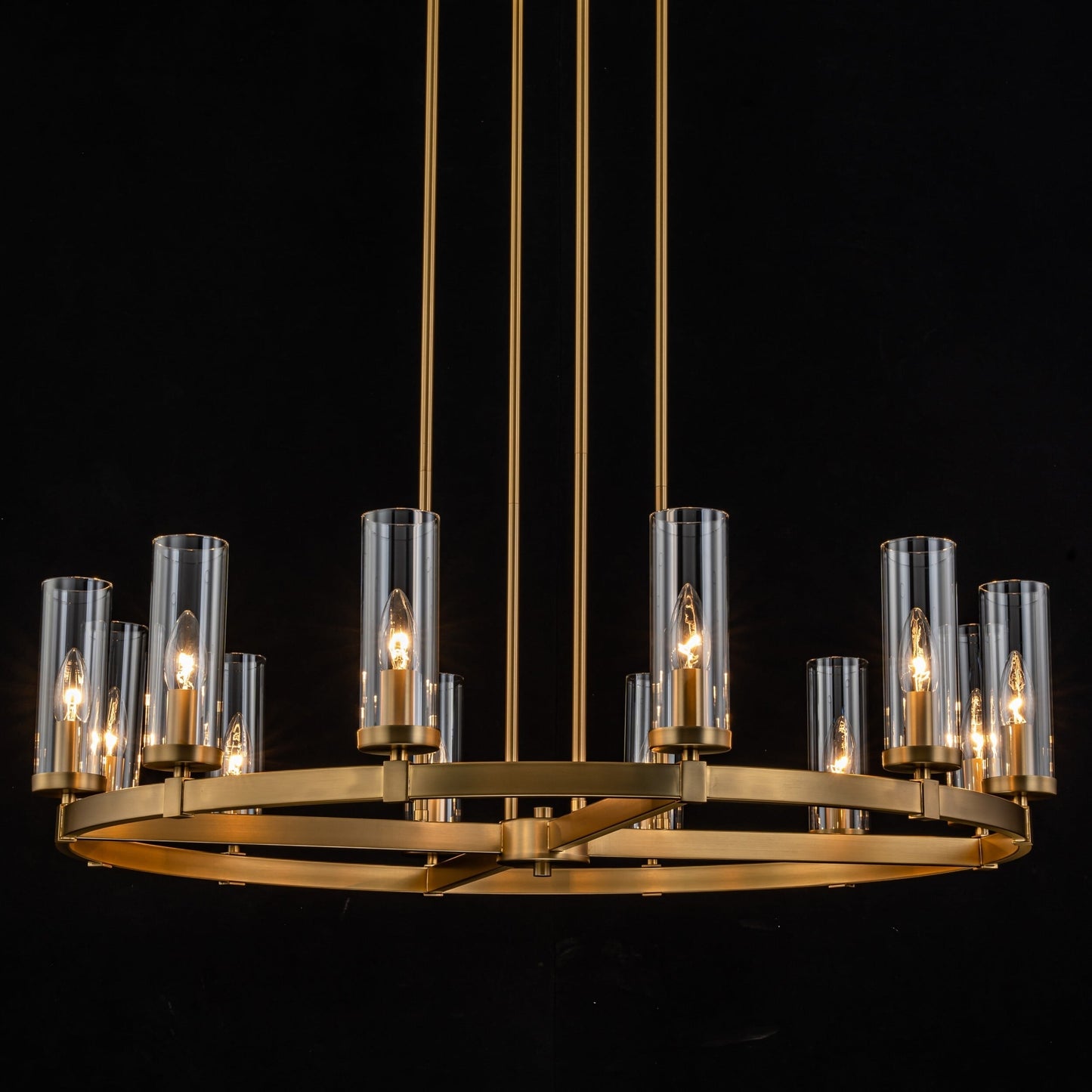 Lustre à 12 lumières en forme de roue de chariot, style moderne du milieu du siècle, en verre transparent, doré/noir, grand modèle