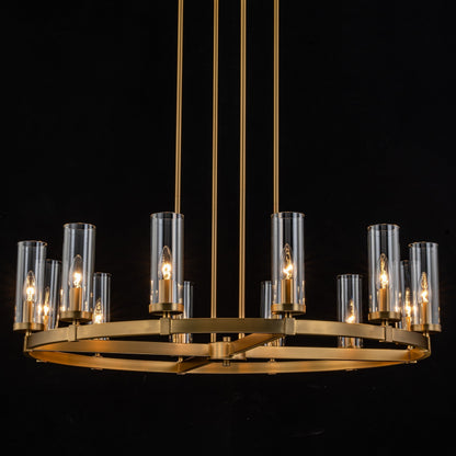 Lustre à 12 lumières en forme de roue de chariot, style moderne du milieu du siècle, en verre transparent, doré/noir, grand modèle