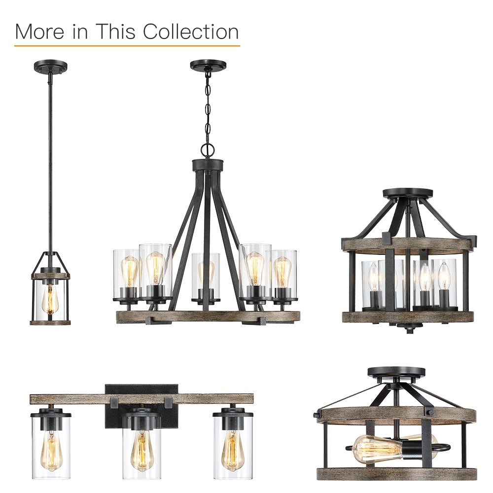 Plafonnier semi-encastré de style campagnard moderne, 4 lumières, 12,5 po, en fer naturel et imitation bois vieilli - 12,5 W