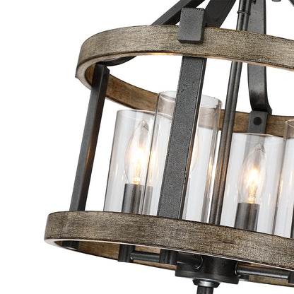 Plafonnier semi-encastré de style campagnard moderne, 4 lumières, 12,5 po, en fer naturel et imitation bois vieilli - 12,5 W