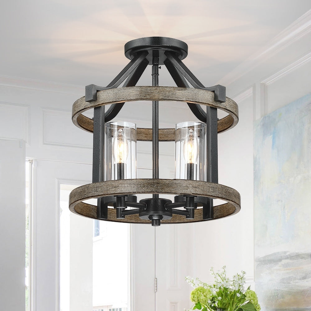 Plafonnier semi-encastré de style campagnard moderne, 4 lumières, 12,5 po, en fer naturel et imitation bois vieilli - 12,5 W