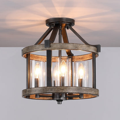 Plafonnier semi-encastré de style campagnard moderne, 4 lumières, 12,5 po, en fer naturel et imitation bois vieilli - 12,5 W