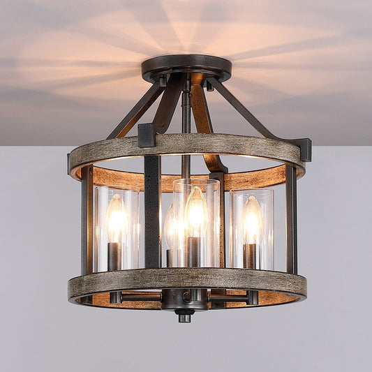Plafonnier semi-encastré de style campagnard moderne, 4 lumières, 12,5 po, en fer naturel et imitation bois vieilli - 12,5 W