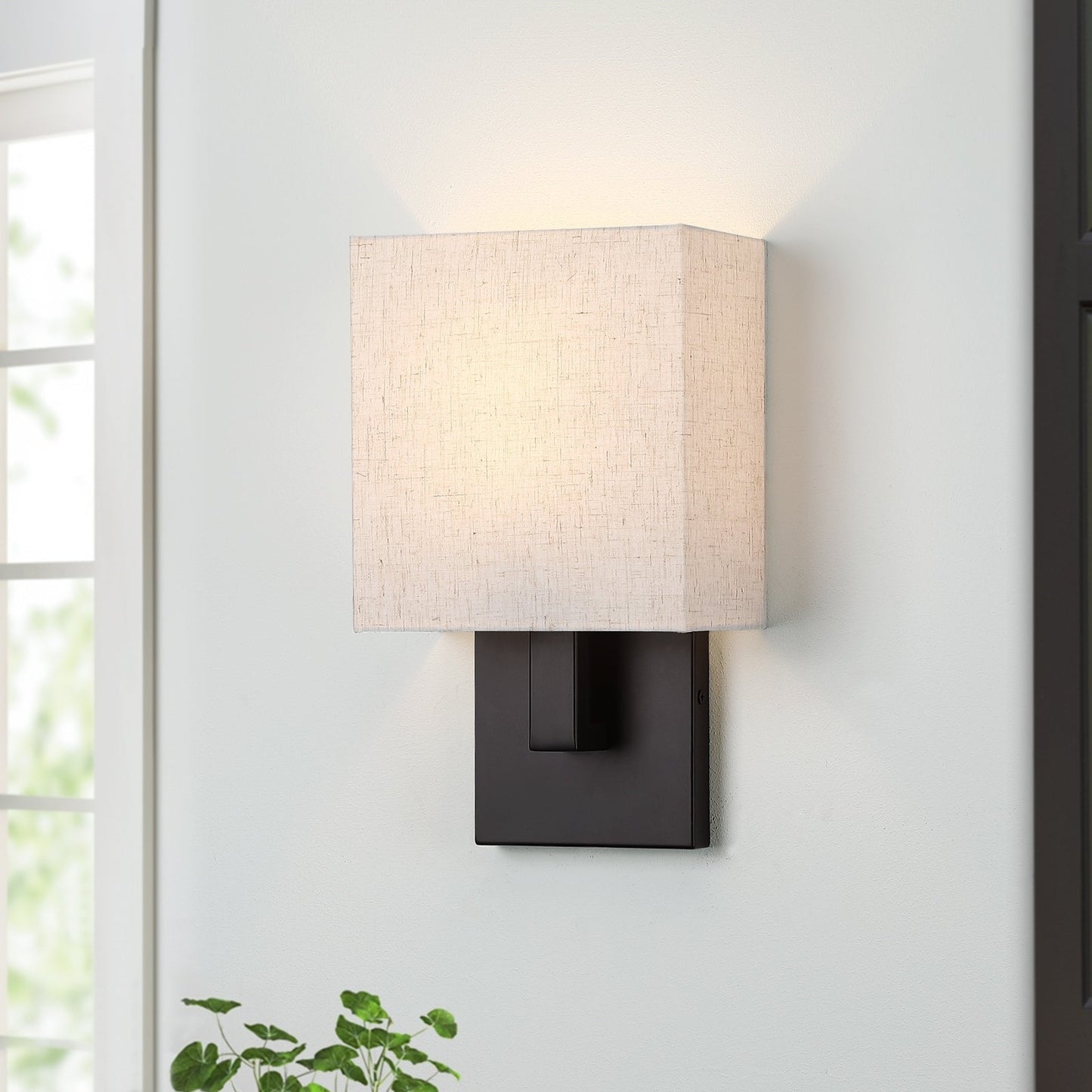 Applique murale en bronze foncé de 30 cm de hauteur avec abat-jour en tissu avoine