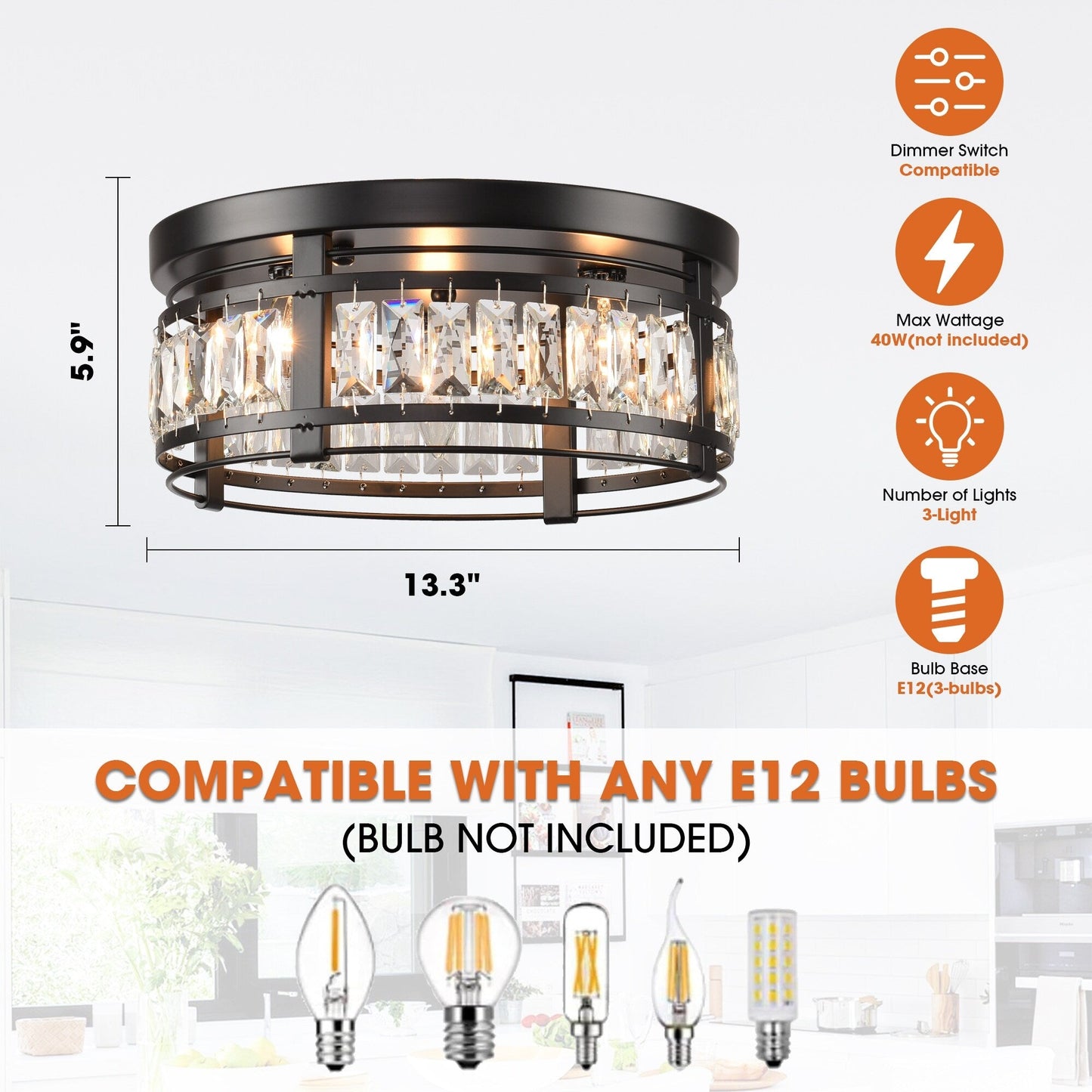 Lustre encastré moderne en cristal noir à 3 lumières pour couloir 13.3