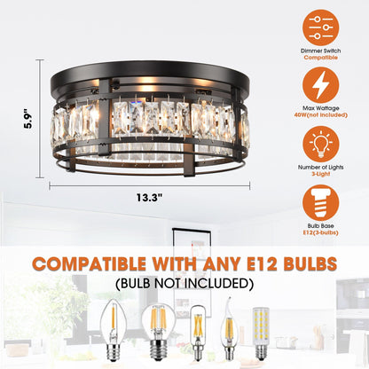 Lustre encastré moderne en cristal noir à 3 lumières pour couloir 13.3