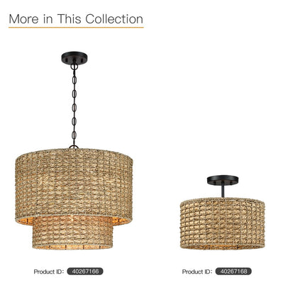 Plafonnier semi-encastré à 2 lumières en rotin naturel avec auvent noir - Noir/terre - Noir/paille - 34,5 cm de largeur