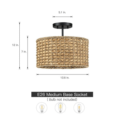 Plafonnier semi-encastré à 2 lumières en rotin naturel avec auvent noir - Noir/terre - Noir/paille - 34,5 cm de largeur