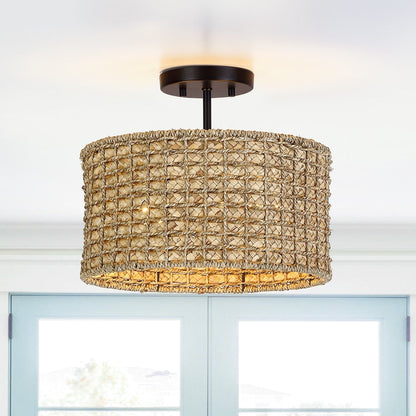 Plafonnier semi-encastré à 2 lumières en rotin naturel avec auvent noir - Noir/terre - Noir/paille - 34,5 cm de largeur