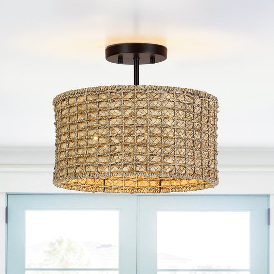 Plafonnier semi-encastré à 2 lumières en rotin naturel avec auvent noir - Noir/terre - Noir/paille - 34,5 cm de largeur