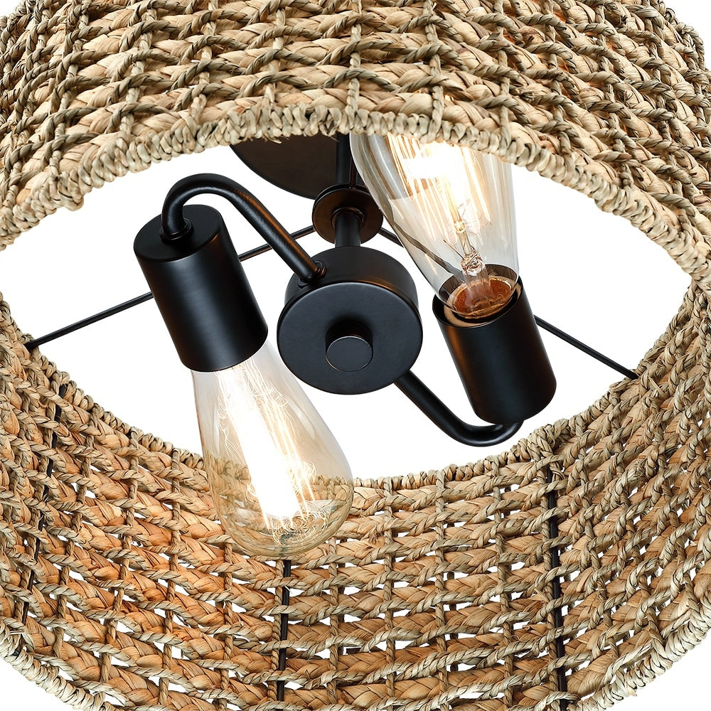 Plafonnier semi-encastré à 2 lumières en rotin naturel avec auvent noir - Noir/terre - Noir/paille - 34,5 cm de largeur