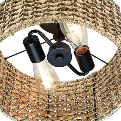 Plafonnier semi-encastré à 2 lumières en rotin naturel avec auvent noir - Noir/terre - Noir/paille - 34,5 cm de largeur