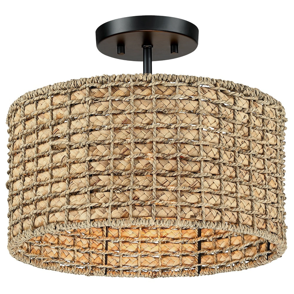 Plafonnier semi-encastré à 2 lumières en rotin naturel avec auvent noir - Noir/terre - Noir/paille - 34,5 cm de largeur