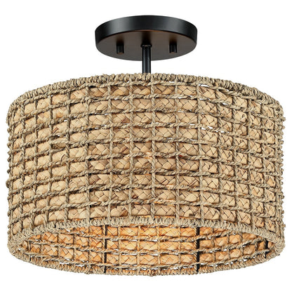Plafonnier semi-encastré à 2 lumières en rotin naturel avec auvent noir - Noir/terre - Noir/paille - 34,5 cm de largeur
