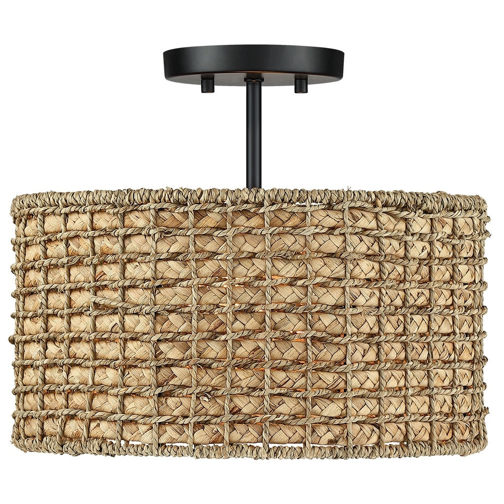 Plafonnier semi-encastré à 2 lumières en rotin naturel avec auvent noir - Noir/terre - Noir/paille - 34,5 cm de largeur