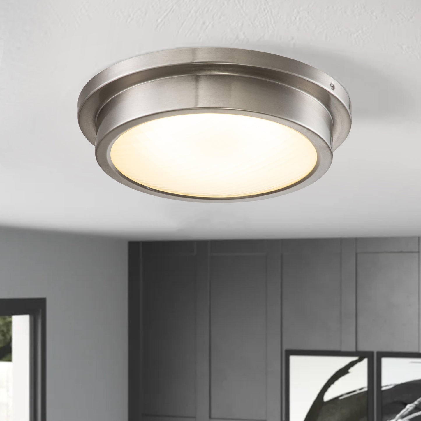 Plafonnier DEL 30 W 3000 K, 14 po, nickel brossé, avec abat-jour en verre rayé