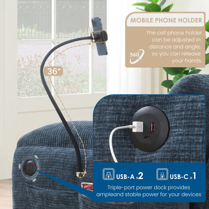 140-Inch Chenille Sectional Sofa with USB and Type-C Charging Ports, Phone Holders, Side Storage Pockets, Movement Ottomans