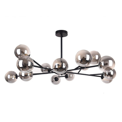 Lustre linéaire moderne à 15 lumières pour îlot de cuisine Sputnik avec branches et globes en verre