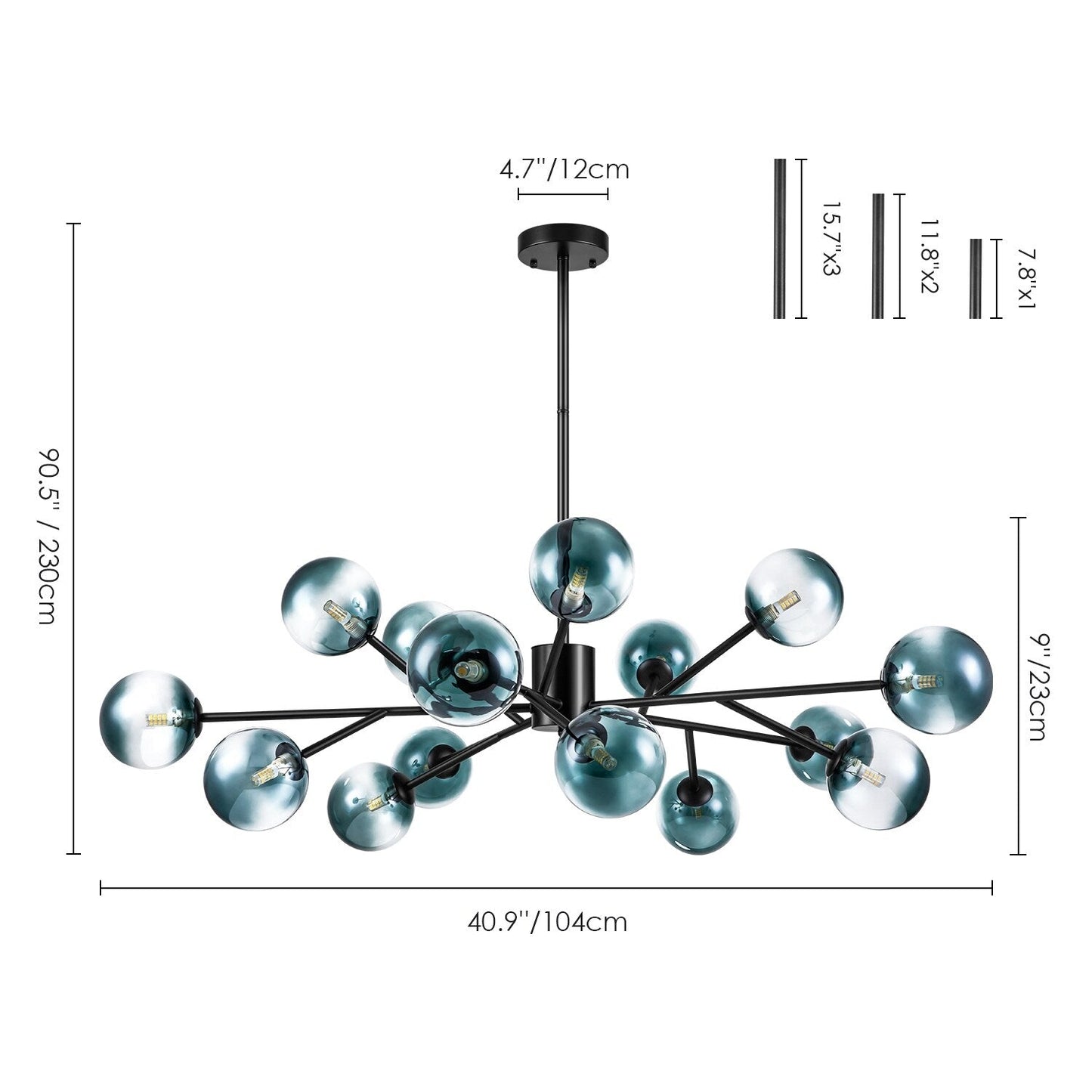 Lustre linéaire moderne à 15 lumières pour îlot de cuisine Sputnik avec branches et globes en verre