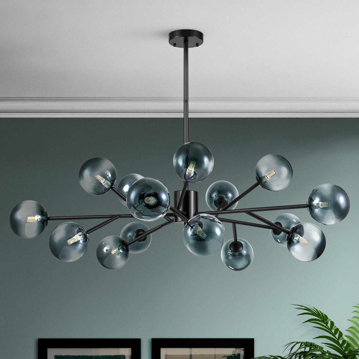 Lustre linéaire moderne à 15 lumières pour îlot de cuisine Sputnik avec branches et globes en verre