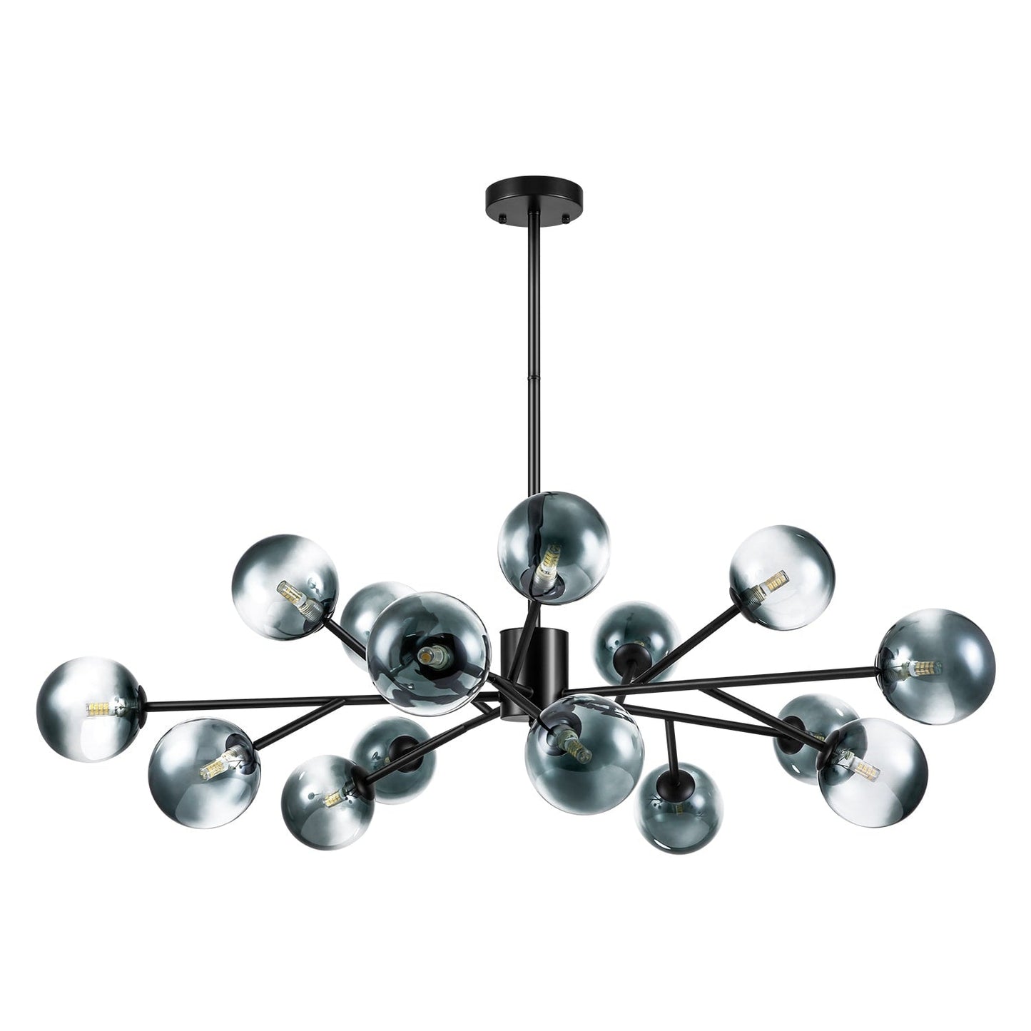 Lustre linéaire moderne à 15 lumières pour îlot de cuisine Sputnik avec branches et globes en verre
