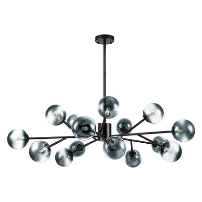 Lustre linéaire moderne à 15 lumières pour îlot de cuisine Sputnik avec branches et globes en verre