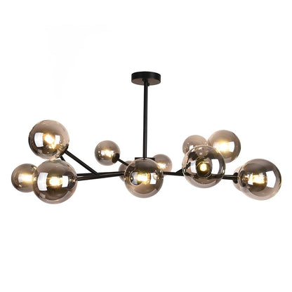 Lustre linéaire moderne à 15 lumières pour îlot de cuisine Sputnik avec branches et globes en verre