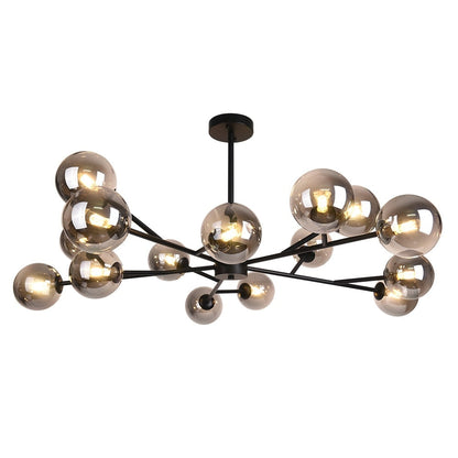 Lustre linéaire moderne à 15 lumières pour îlot de cuisine Sputnik avec branches et globes en verre