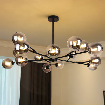 Lustre linéaire moderne à 15 lumières pour îlot de cuisine Sputnik avec branches et globes en verre