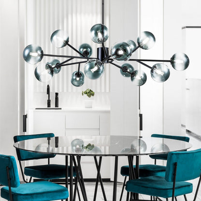 Lustre linéaire moderne à 15 lumières pour îlot de cuisine Sputnik avec branches et globes en verre