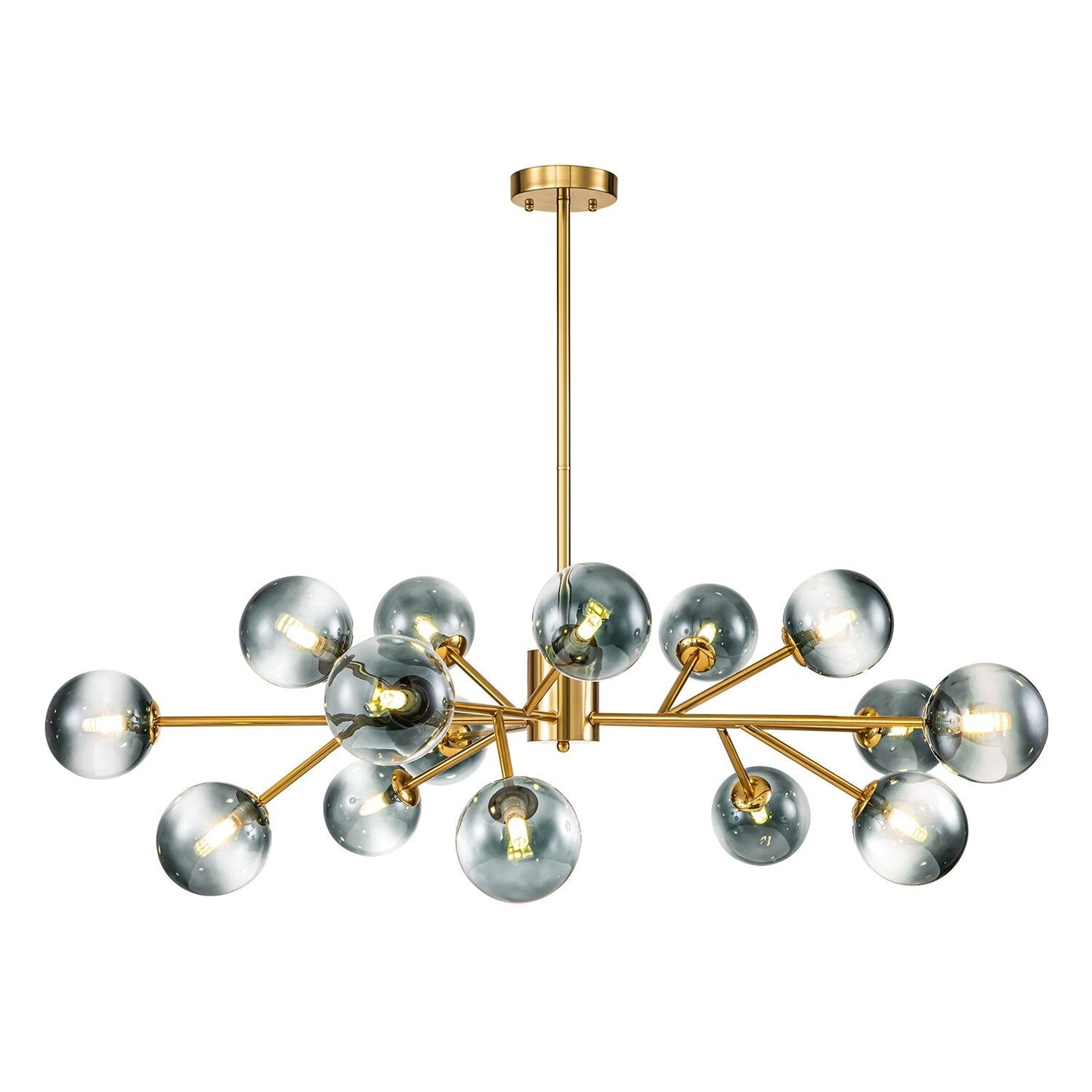 Lustre linéaire moderne à 15 lumières pour îlot de cuisine Sputnik avec branches et globes en verre